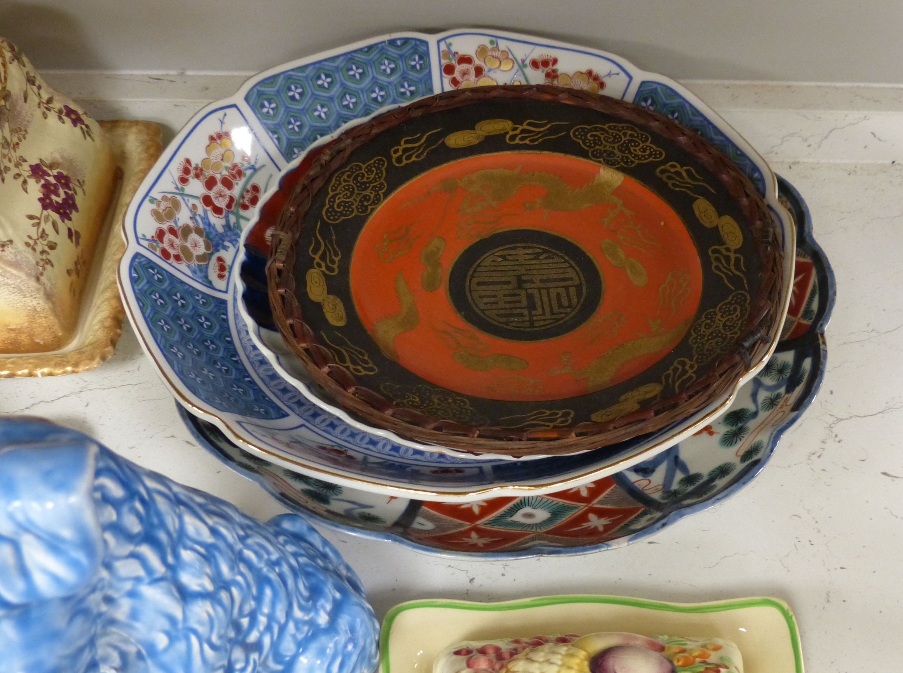 Miscellaneous china, including three cheese dishes, a Beswick preserve pot and cover, Carlton Ware and Imari dishes, etc.